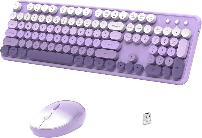 Links9+ Colorful Wireless Keyboard and Mouse Combo (Purple Gradient) | Full-Size Retro Typewriter Style Keyboard with Vintage Round Keycaps, 2.4G Wireless Set for Windows, Mac, Laptop, PC, Desktop