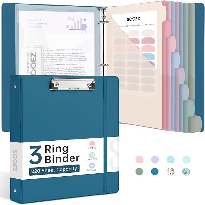 Sooez 3 Ring Binder Clipboard with Storage & 8-Tab Dividers, 1 Inch | Premium Clip Board 11 x 8.5 & Pen Holder, Pocket Dividers, Clear File Folder, Cute Binder Organizer, School Office Supplies