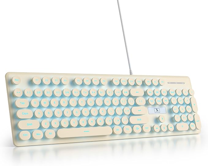 surmen Cute Quiet Keyboard Wired Retro Typewriter, Full Size Soft Keyboards with Number Pad, Round Keys, Backlit USB for Office, Desktop, Laptop (Beige)