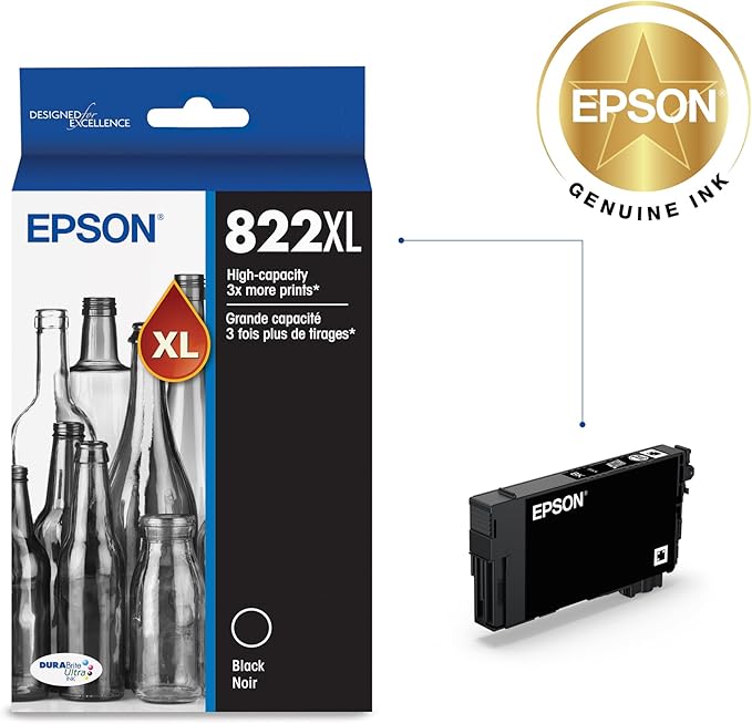 EPSON 822 DURABrite Ultra Ink High Capacity Black Cartridge (T822XL120-S) Works with WorkForce Pro WF-3820,3823, 4820, 4830, 4833, 4834