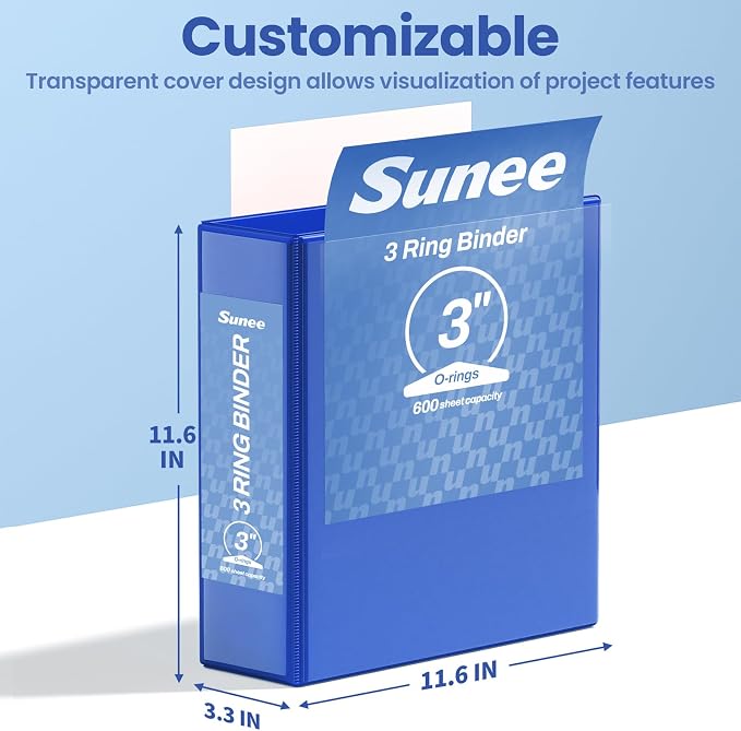 SUNEE 3 Ring Binder 3 Inch 1 Pack, Clear View Binder Three Ring PVC-Free (Fit 8.5x11 Inches) for School or Office Supplies, Cobalt Blue