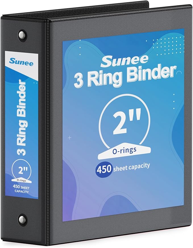 SUNEE 3 Ring Binder 2 Inch 1 Pack, Clear View Binder Three Ring PVC-Free (Fit 8.5x11 Inches) for School or Office Supplies, Black