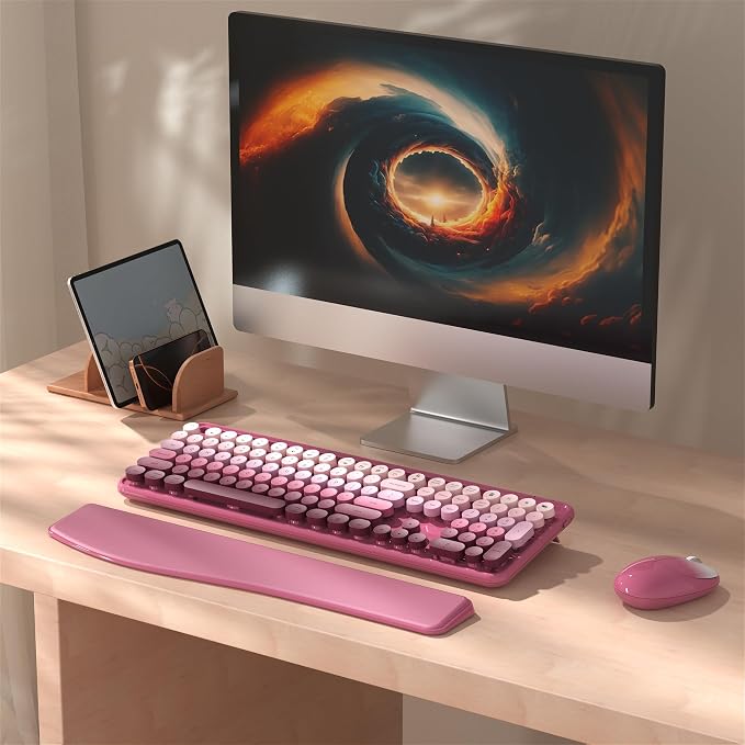 Wireless Keyboard and Mouse Combo with Phone Holder (Rose-Red Colorful) | MPTOG Colorful Typewriter Keys with Wrist Rest, , 2.4GHz Wireless, Full-Sized Optical Mouse for PC and Laptop