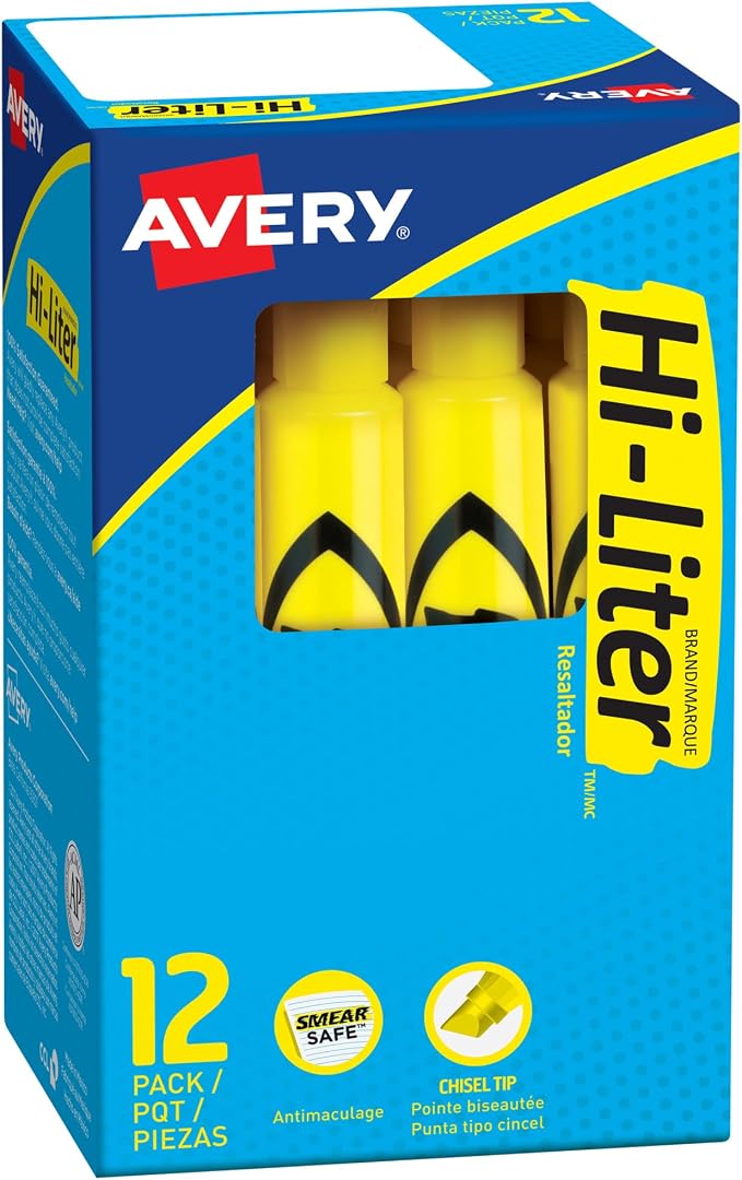 Avery Hi-Liter Desk-Style Highlighters, Smear Safe Ink, Chisel Tip, 12 Yellow Highlighters (07742)