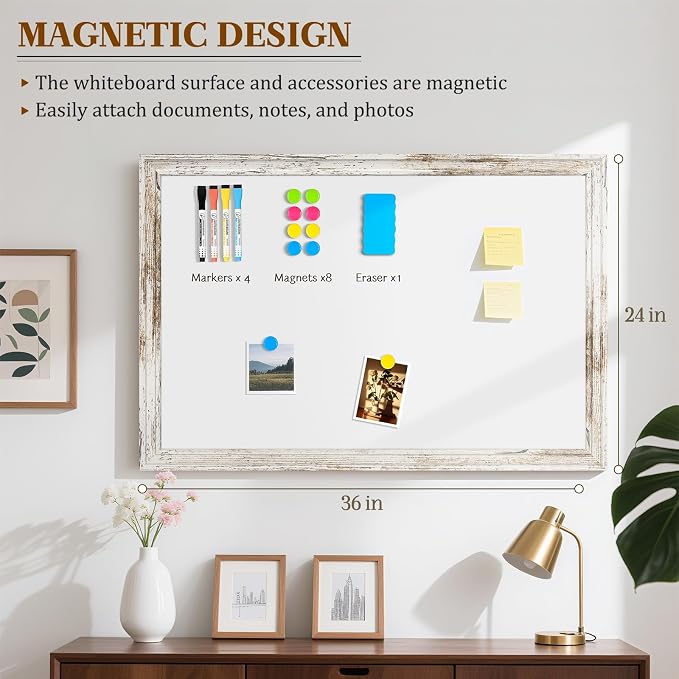 White Board for Wall, 36'' x 24'' Magnetic Dry Erase Board, Rustic | Wooden Frame, Decorative Whiteboard, Wall Mounted, for Home, Office, Kitchen, Dorm, 4 Markers, 6 Magnets, A Eraser