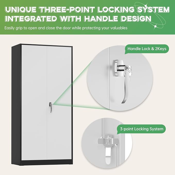 Metal Storage Cabinet with Lock,72" Steel Lockable File Locker Cabinet with Locking Doors and Adjustable Shelves, Storage Lockers for Office, Home, Garage, Gym, School (Black Grey)