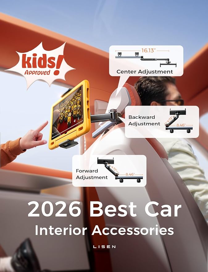 LISEN for iPad Holder Car Road Trip Essentials Activities for Kids Travel Gifts Car Accessories for Women Interior, Truck Accessories 3in1 Tablet Holder Back Seat Car Organizer Camping Headrest