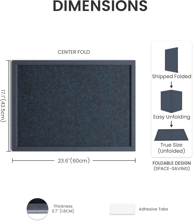 Fluxynara 23.6" x 17.1" Felt Frame Bulletin Board, Carbon Blue | Cork Board Alternative with 12 Removable Adhesive Tabs, Foldable Pin Board for Wall, Home, Office, Classroom & Dorm