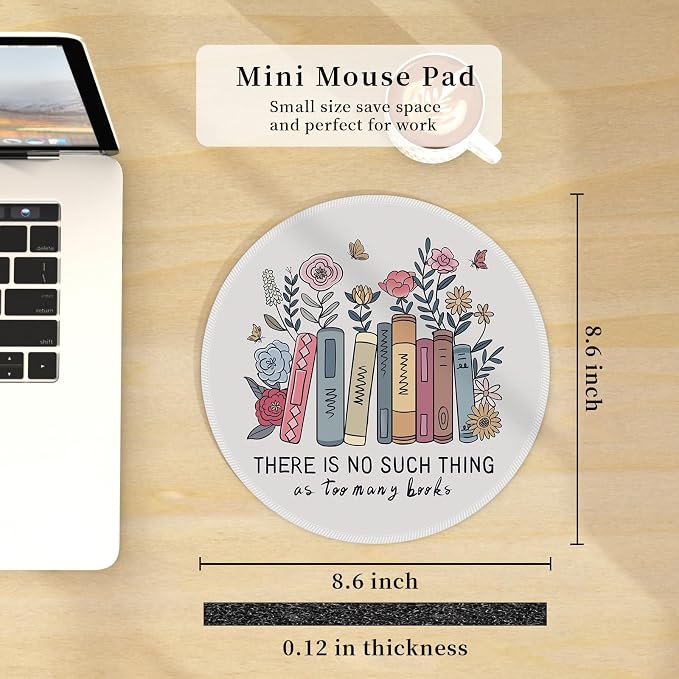 Hancynir Book Floral Round Mouse Pad, Small Cute Mousepad for Office Desk | Mouse Mat for Computer, Non-Slip Rubber Base, Office Desk Decor, Gifts for Work Coworker Teacher, 8.6 Inch, Stitched Edges