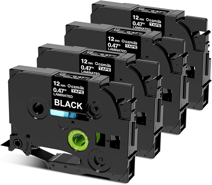 TZe-335 Black Label Tape Compatible with Brother Label Maker Tape | White on Black P-Touch TZe Tz 12mm 0.47 Laminated Work for PT-D210 PT-H110 PT-D200 PT-1750 PT-1290 Ptouch Refills, 4-Pack