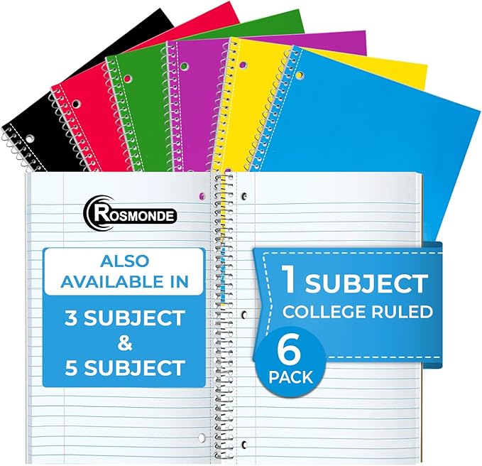 6 Pack 1 Subject Notebook College Ruled, 70 Sheets (140 Pages) | Thick No-Bleed Paper, 8 x 10-1/2", 3 Hole Punched Notebooks, Sturdy Back, College Ruled Notebook for School, Assorted Colors