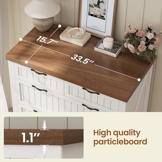 SEDETA Farmhouse File Cabinet with 5 Drawers, Filing Cabinet for Home Office, Wood Office File Cabinets for Letter/Legal/A4 Size, File Cabinets with Printer Stand, White and Brown