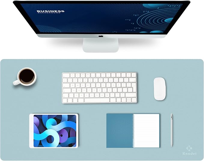K KNODEL Large Office Desk Mat, Leather Mouse Pad (31.5"x15.7", Light Blue) | Desk Pad, Keyboard Pad, Computer and Laptop Mat, Desktop Protector and Cover, Writing Pad and Blotter for Home Office