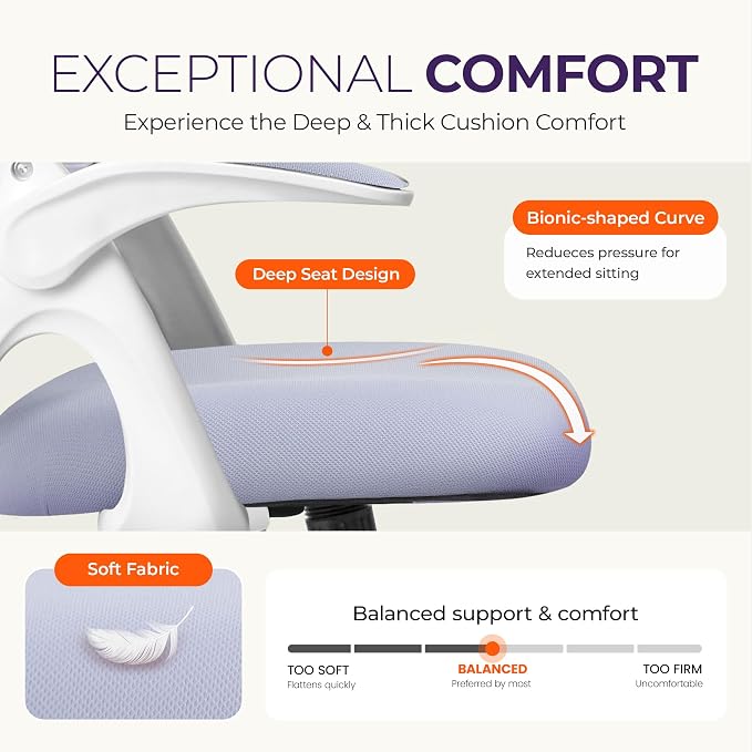NEO CHAIR Office Desk Chair, Ergonomic Mesh with Flip-Up Armrests, Purple | Lumbar Support, Height Adjustment, 360° Swivel and Rolling Base, Space-Saving Design for Home Office, Vanity or Study