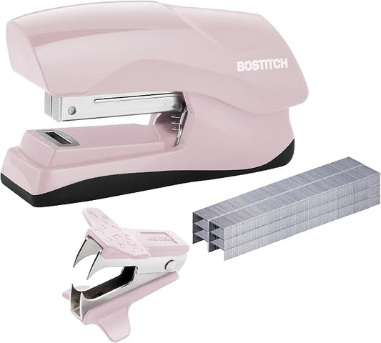 Bostitch Heavy Duty Stapler Value Pack, 40 Sheet Capacity, Pink | Half-strip, flat-clinch design opens fully for tacking bulletin boards; includes a staple remover and 5,000 staples.