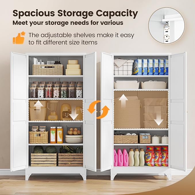 Metal Pantry Cabinet, 75" Kitchen Pantry with 2 Door and 4 Adjustable Shelves,White Metal Pantry Storage Cabinet,Cupboard for Kitchen,Dining Room,Living Room and Bathroom