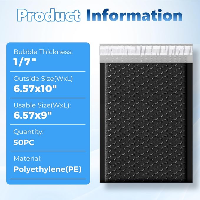 Metronic Bubble Mailers 6.57x10" 50 Pack Padded Envelopes with 1/7" Thickened Bubble Waterproof Mailing Envelopes Usable Size 6.57x9" Shipping Bag for Fragile Products, 6x9 Items,Small Business, Black