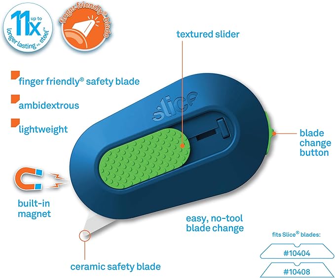 Slice Mini Box Cutter | Manual Retracting | Safe Ceramic Box Cutter Lasting 11x Longer than Metal | Box Opener | 2 Pack | Blue