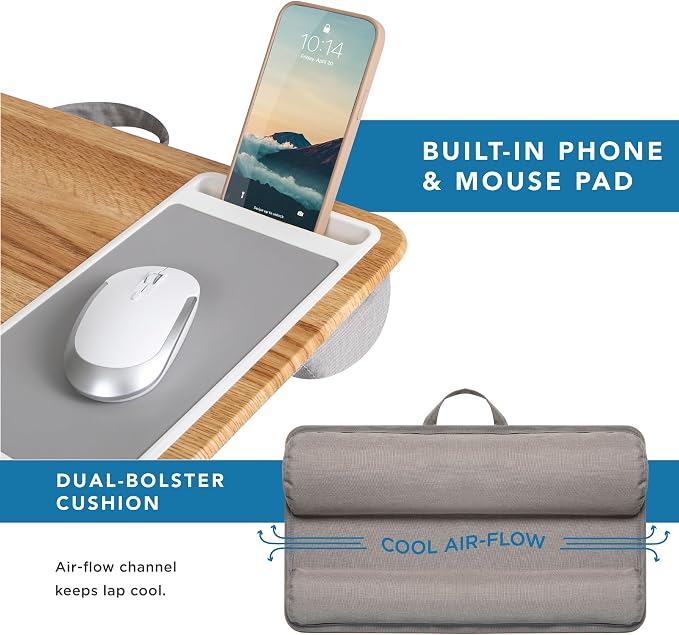 LAPGEAR Home Office Lap Desk – Oak Woodgrain, Fits 15.6” Laptops | Built-In Mouse Pad & Phone Slot, Integrated Device Ledge, Dual-Bolster Microbead Cushion, Carry Handle