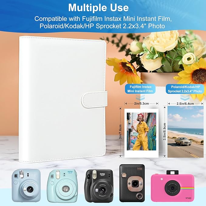 2x3 Photo Album, Refillable PU Leather A5 Photo Binder with Adjustable Pages, 200 Pockets for Fujifilm Instax Mini 12 11 9 40 99 90 8 7 Evo LiPlay, Polaroid Snap PIC-300 Z2300 Instant Cameras (White)