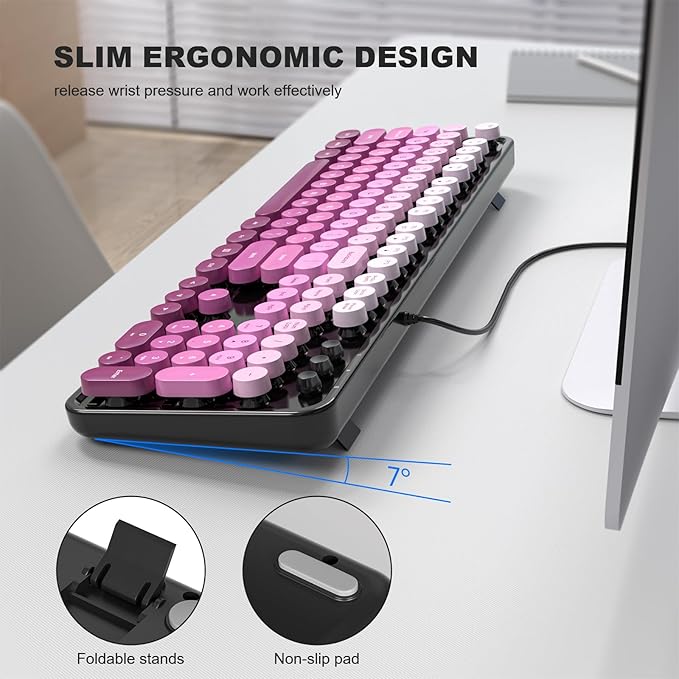 Computer Keyboard Wired, Plug and Play USB Retro Round Typewriter Keyboard, Full Size Wired Keyboard with Foldable Stands for Laptop and Office PC