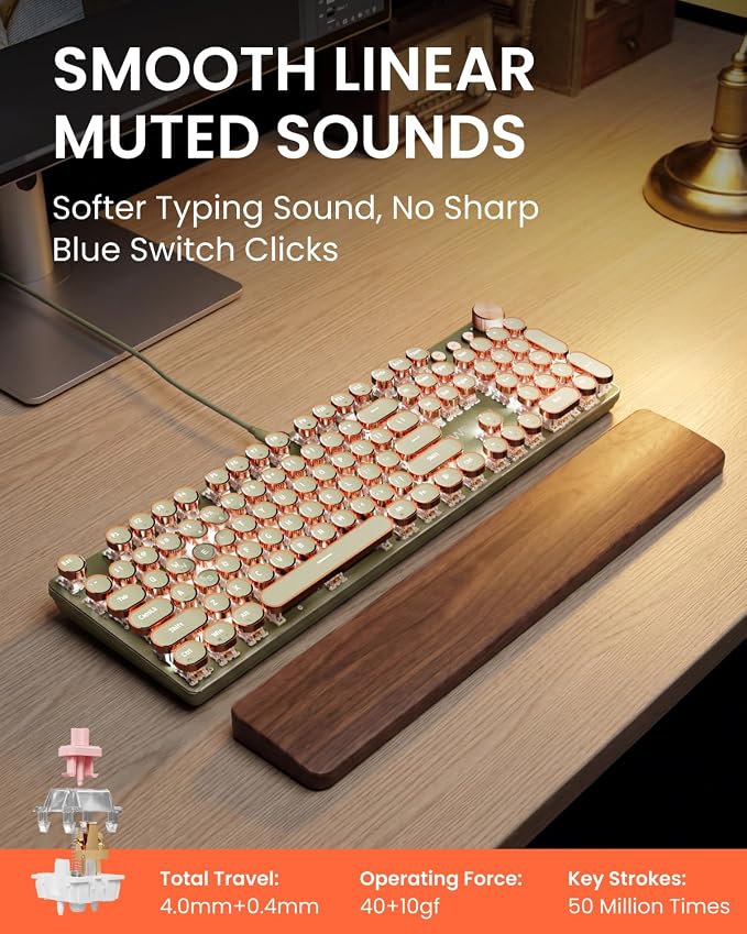 Wired Typewriter Mechanical Keyboard, Retro Punk Keyboard with Media Knob | White Backlit, Metal Panel, 104-Key Round Keycaps Low Noise Typewriter for Windows, PC, Laptop, Green, EWEADN V20