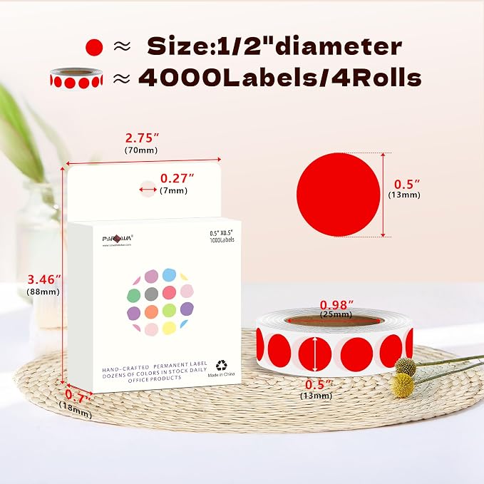 PARLAIM 1/2 Inch Round Permanent Adhesive Color-Code Dot Stickers,4000 Stickers 4RollS dots Label Dispenser Box Red Circle Stickers Labels (Red)