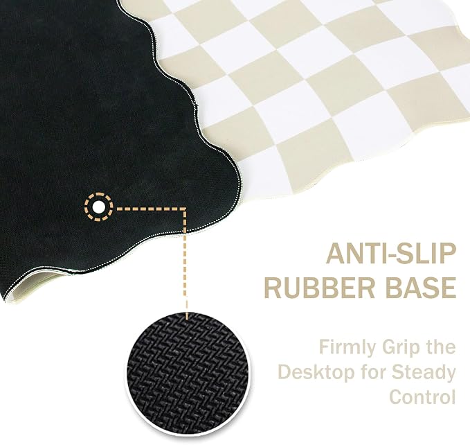L-SPOUTTO Beige Checkered Mouse Pad,Scalloped Desk Mat XXL Gaming Mousepad | Geometric Large 35.4x15.7in Non-Slip Rubber Base Keyboard Pad Waterproof Desktop Mat for Laptop Computer Game Home Office