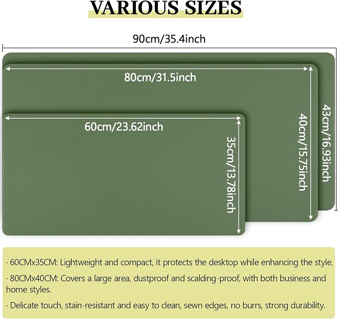 Green Leather Desk Pad Large Mouse Pad, 31.5"x15.7" | Waterproof Desk Mat for Keyboard and Mouse, Non-Slip Computer Desk Protector, Smooth Mouse Control for Home Office