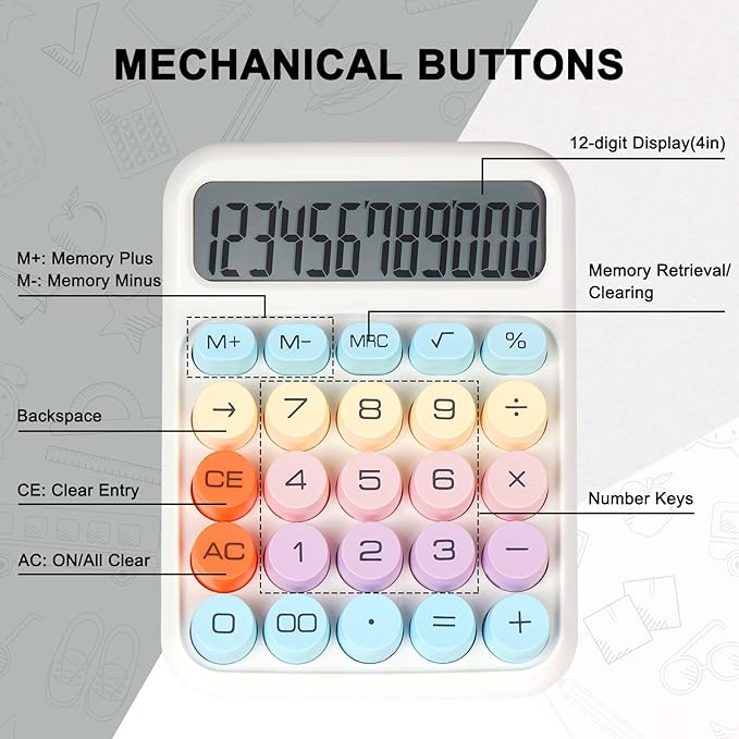 Mechanical Switch Calculator with Big Buttons, Calculators Desktop, 12 Digits, Large LCD Display, Desk Calculator, Cute Pink Calculators for Teachers Students Basic Office (White)