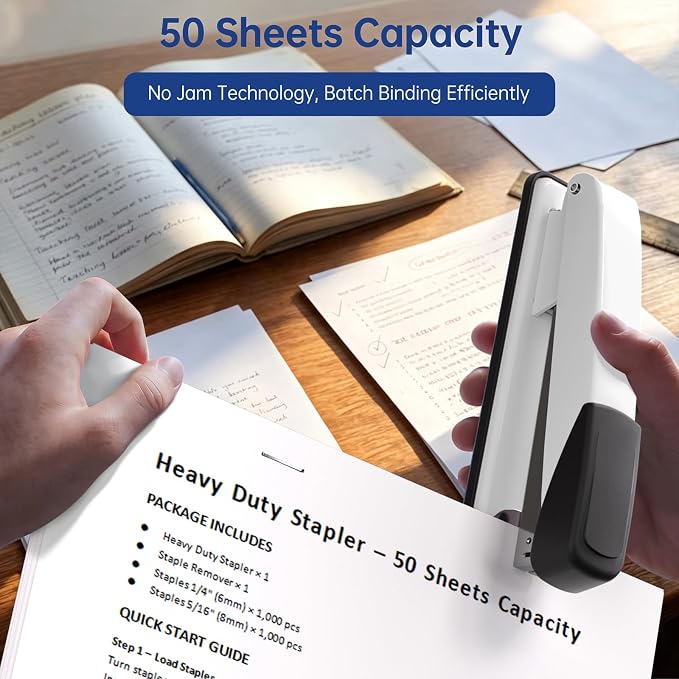 Metal Stapler Heavy Duty - 50 Sheet Capacity with 2000 Pieces 1/4", 5/16" Staples and Staple Remover, No Jam, Non-Slip, Stapler Heavy Duty for Desk, Classroom and Office, White