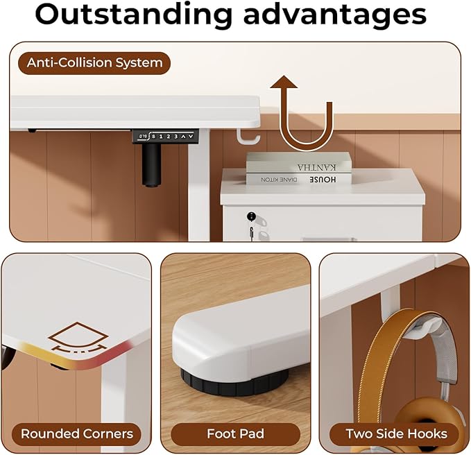 Small Standing Desk, 32" ×20" Electric White Standing Desk, Height Adjustable Compact Sit Stand Workstation with Splice Board, Home Office Desk with 2 Hooks