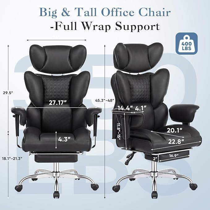 DUMOS Big and Tall Home Office Desk Chair, Executive Chair with Footrest | PU Leather, Ergonomic Comfy Lumbar Support, High Back Reclining, Adjustable Armrests, Black