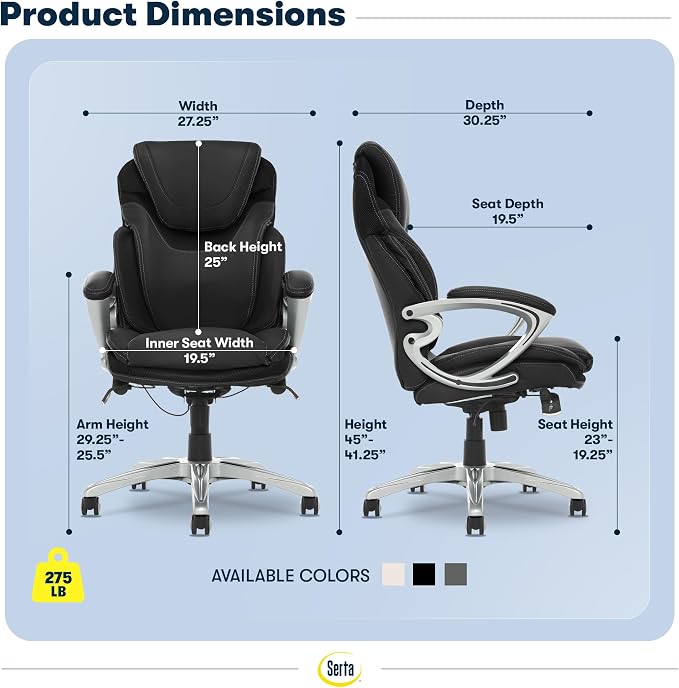 Serta Bryce Executive Office Chair - Ergonomic Computer DeskChair with Lumbar Technology - Adjustable Height - Memory Foam Body Pillows - 360° Swivel Rolling Base - Bonded Leather - Black