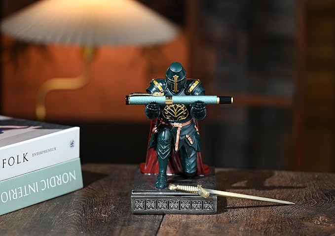 Medieval Templar Vanguard Officer Knight Pen Holder Desk Organizers Green | Pencil Stand Paperweight Desktop Decoration Accessories Cell Phone Stand with a Fancy Sword for Medieval Warrior Enthusiast