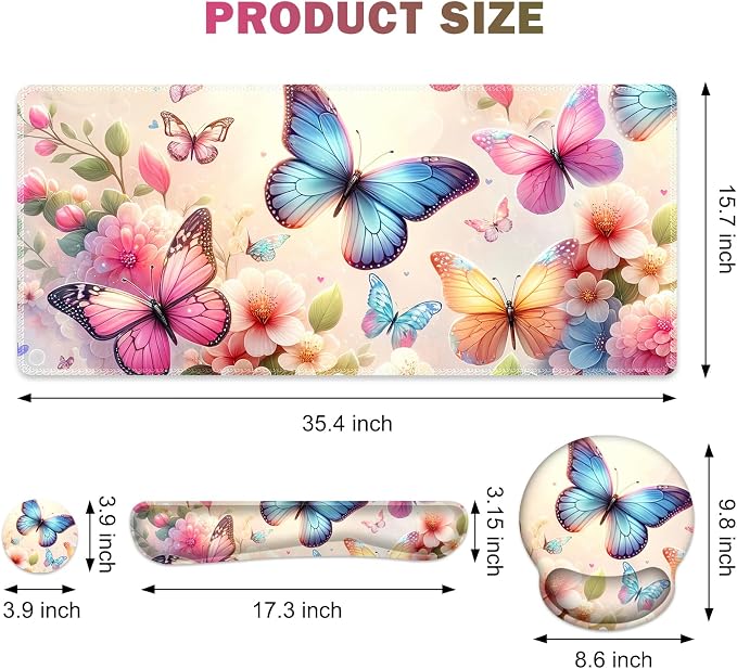 Gaming Mouse Pad, Large Desk Mat, 4in1 XXL Mousepad Cute Desk Pad Protector | Keyboard Wrist Rest+Mouse Wrist Rest+Coaster Set with Ergonomic Desk Pad for Home Office PC Computer, Butterflies Flowers