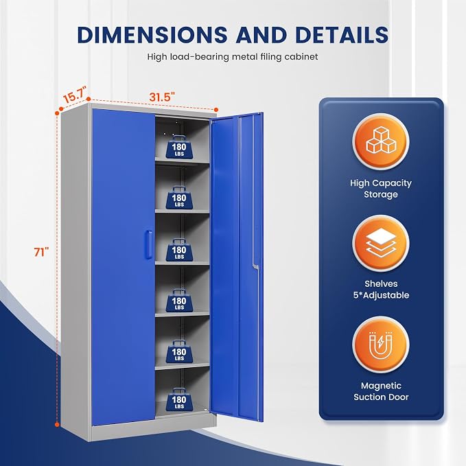 Metal Garage Storage Cabinet with 2 Doors and 5 Adjustable Shelves - 71" Steel Lockable File Cabinet,Locking Tool Cabinets for Office,Home,Garage,Gym,School (Gray Blue)