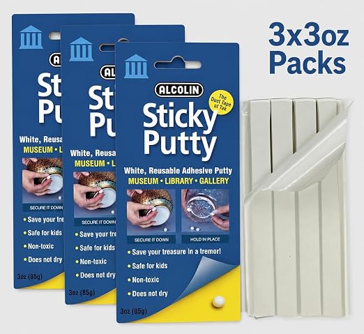9oz Alcolin Sticky Putty Reusable Museum & Gallery Quality Adhesive Putty, Repositionable -Won't Dry -3 x 3oz Pack