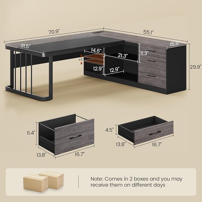 71" Executive Desk, Large Office Desk with Drawers & Storage Shelves, Modern L Shaped Computer Desk Corner Desk with Power Outlets, File Cabinet, Business Furniture Desk Workstation (Grey)