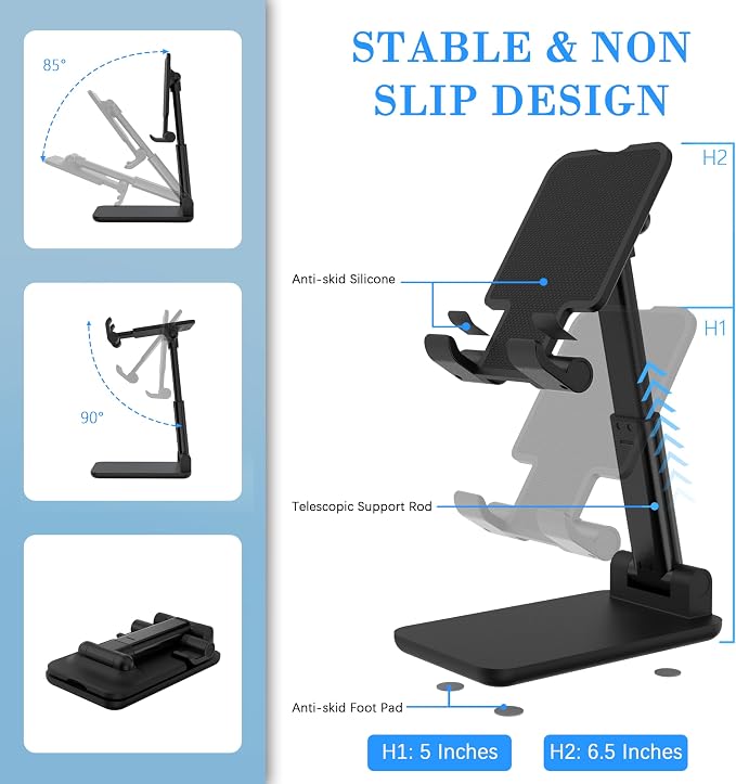 Cell Phone Stand, Adjustable Angle and Height Cell Phone Holder for Desk, Foldable and Portable, Anti-Slip Silicone Pad, Compatible with All Mobile Phones and 4-8 Inch Devices (Black&White)