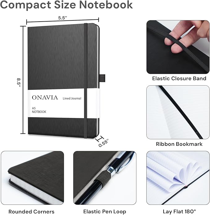 A5 Hardcover Notebook Journal, College Ruled Lined Notebook for Work, Office Meetings, Journaling, Planning & Daily Writing, 160 Pages (80 Sheets), 5.8 x 8.3 in, Black