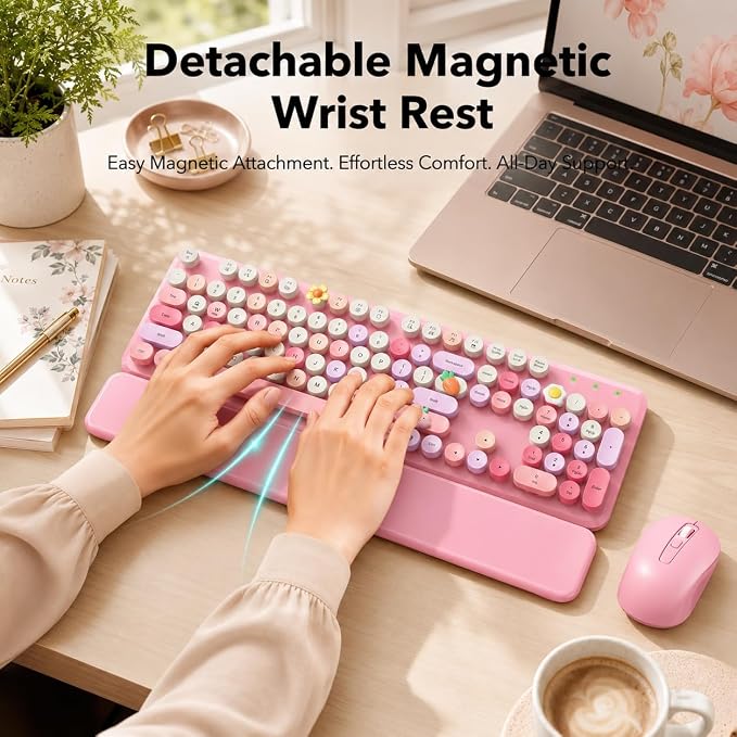 Wireless Keyboard and Mouse Combo, Retro Typewriter Style Keyboard with Round Keycaps, Magnetic Wrist Rest, Full-Size 2.4GHz Cordless for Mac, Windows PC, Laptop, SABLUTE CK23, Cotton Candy Pink