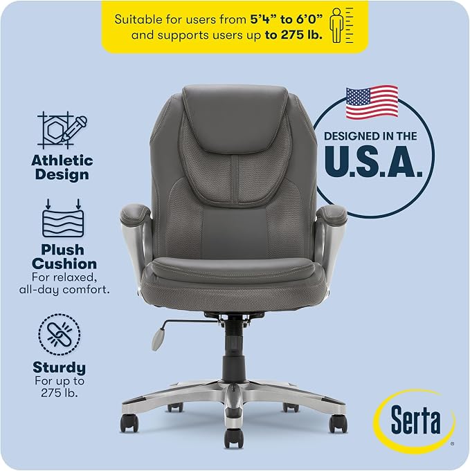 Serta Ergonomic Executive Office Chair, Padded Arms Mesh Back Leather Chair | Amplify, Contoured Lumbar Lower Back Support, Back Pain Relief, Adjustable Height & Tilt, Work From Home Desk Chair, Duo Gray