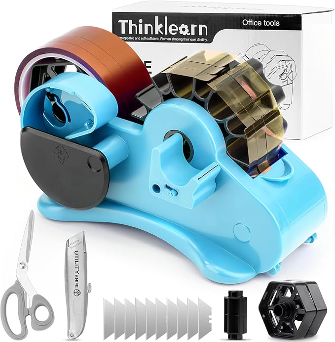 THINKLEARN Heat Tape Dispenser - Sublimation Heat Transfer Tape Dispenser with Scissors and Utility Knife, 1 '' & 3'' Core, Multi-Roll Pre-Cut Tape Dispenser for Crafting, PreCut 1.4'' Pieces, Blue