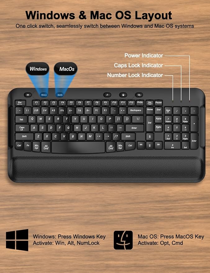 Wireless Keyboard and Mouse Combo, EDJO 2.4G Full-Sized Ergonomic Computer Keyboard with Wrist Rest and 3 Level DPI Adjustable Wireless Mouse for Windows, Mac OS Desktop/Laptop/PC, Carbon Black