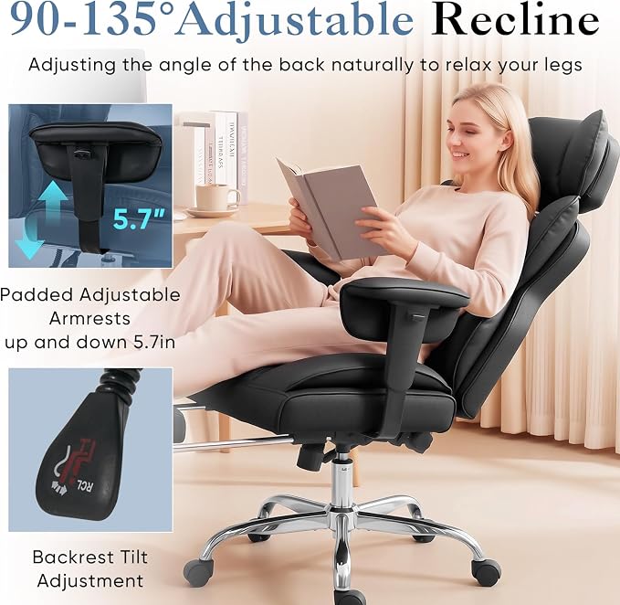 DUMOS Big and Tall Home Office Desk Chair, Executive Chair with Footrest | PU Leather, Ergonomic Comfy Lumbar Support, High Back Reclining, Adjustable Armrests, Black