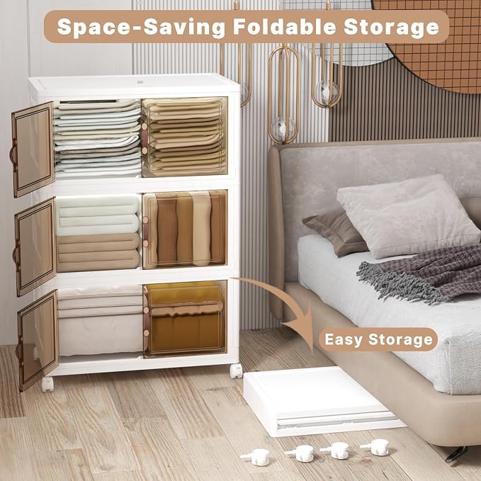 504QT Stackable Storage Bins with Lids, Doors & Wheels | Closet Organizers and Storage Cabinet , Lockable Plastic Foldable Drawers for Bedroom Dorm Office Garage（168QT*3,White）