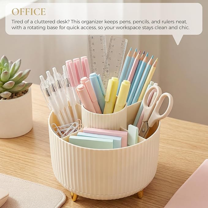 Pencil Pen Holder for Desk, 5 Slots 360 - Degree Rotating Desktop Organizer, Cute Desk Organizers and Accessories for School, Home, Office and Art Supply, Beige
