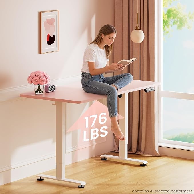 Veken 55 Inch Large Electric Standing Desk, Gaming Table, Pink | Height Adjustable Sit Stand Up Computer Tables for Home Office, Study , Writing, Suit students, employees and group work