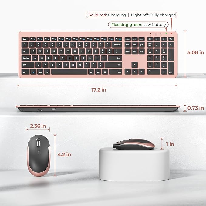 seenda Wireless Keyboard and Mouse Combo, Rechargeable Quiet Keyboard Mouse, Sleek and Ultra Thin Design, Full-Size with Number Pad for Windows, Laptop, PC, Notebook, Desktop (Rose Gold & Black)